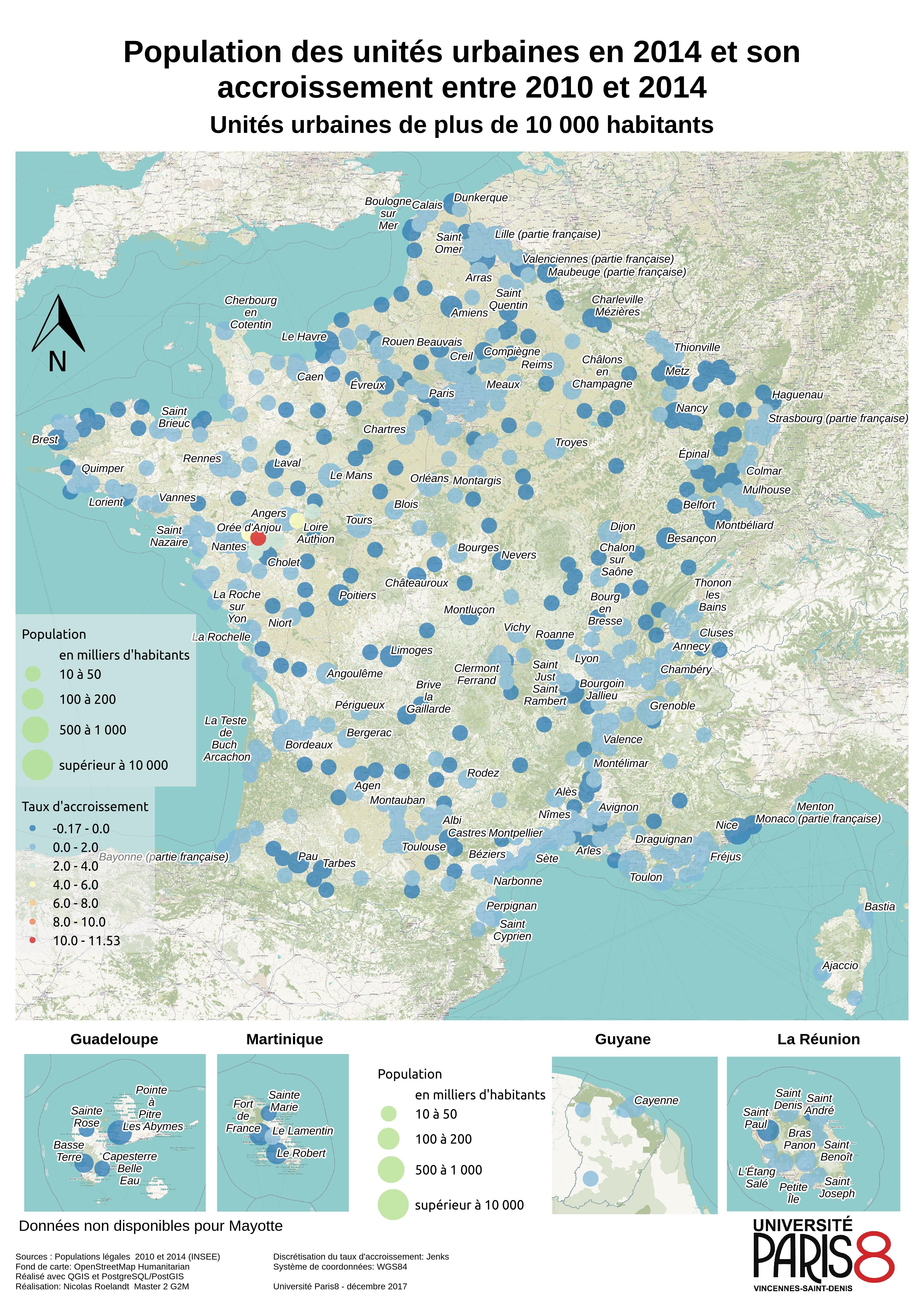 French Urban Population growth between 2010 and 2014 map